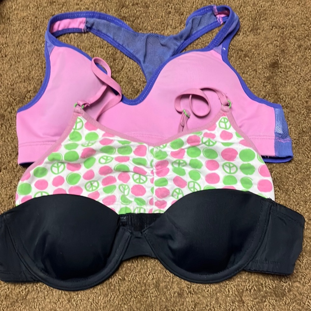 Bras all 34A, black is strapless & paded, green & pink -lost the pads 3 …